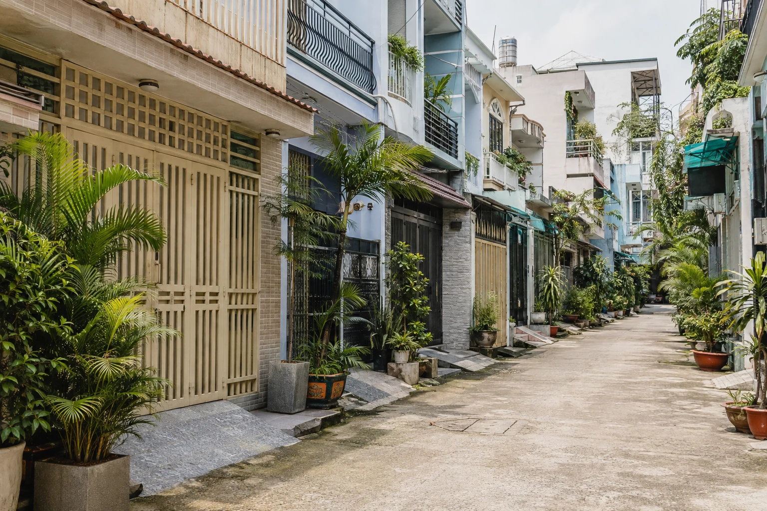 Schmale Wohngasse mit mehrgeschossigen Stadthäusern, Toren und tropischen Pflanzen in Binh Thanh